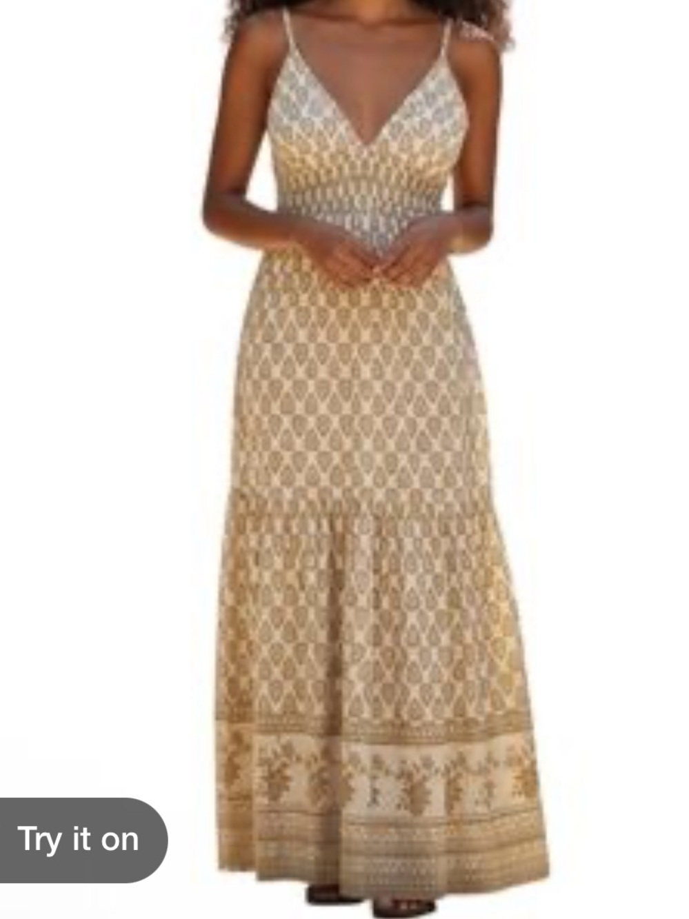 Spaghetti-Strap Printed Maxi Dress in Beige
